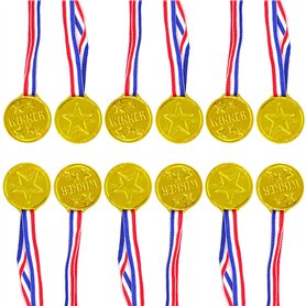 WOLMIK Lot de 12 médailles de gagnants en plastique doré avec rubans de cou pour fête