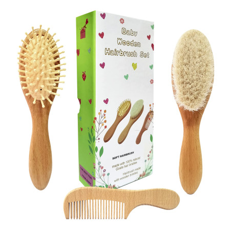 Molylove 3 pièce brosse à cheveux de bébé en bois et ensemble peigne | poils de chèvre naturel brosse | brosse à poils de bois p