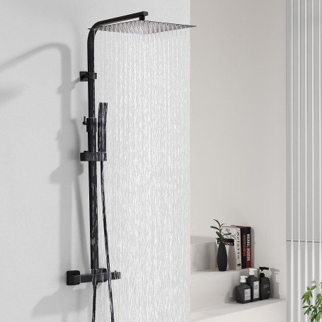 HOMELODY Colonne de Douche Noir Thermostatique avec Ultra-fin Tête de Douche Acier Inoxydable 30x30CM
