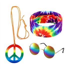 KRYMSON Déguisement hippie 3 pièces avec lunettes de soleil Pop Bandana Batik pendentif signe de la paix costume rétro disco acc