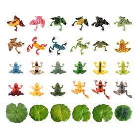 ZBHDEYG Lot de 24 jouets grenouille - 6 feuilles de lotus de simulation - Mini grenouille - Jouet de bain pour animaux - Jouet f