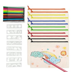 12 Pcs Pochette Tissu Zippée，Trousse a Colorier，Sac en Toile à Fermeture Éclair Colorée，Livré avec 12 Crayons Couleur et Gabarit