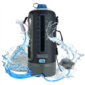 AFISHTOUR Sac de douche portable de camping – Sac d'eau solaire de 12 L avec pompe à pied et pommeau de douche – Douche de campi