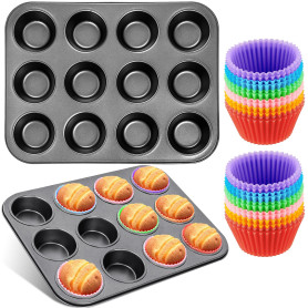 Frasheng Lot de 2 moules à muffins en acier carbone antiadhésif & Paquet de 24 Moules de Cuisson Réutilisables en Silicone