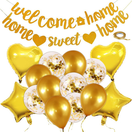 16 Pièces Bannière à la Maison de Bienvenue Ballon Welcome Home Famille Décoration Bannière Paillettes bannière Bunting pour Déc