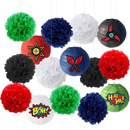 Fangleland Décorations de fête Ninja Fournitures de fête Lanternes de Papier Ninja Autocollants Pom Poms pour Ninja Thème Annive