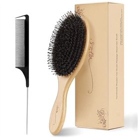 Brosse Cheveux Sanglier avec Poignée en Bambou Brosse Brushing Professionnel et Peigne a Queue Carbone Brosse Cheveux Excellente