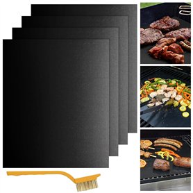 Kezidhp Lot de 4 Tapis BBQ Réutilisables Anti-Adhérents avec Brosse de Nettoyage Incluse - Plaque de Cuisson pour Barbecue Gaz