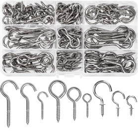 HATANSE 150 Pièce Crochets à Visser Inox 9 Tailles Crochet Lustre Plafond Crochets à Vis en Métal Screw in Hooks pour Lampes Clé
