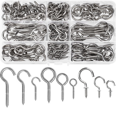 HATANSE 150 Pièce Crochets à Visser Inox 9 Tailles Crochet Lustre Plafond Crochets à Vis en Métal Screw in Hooks pour Lampes Clé