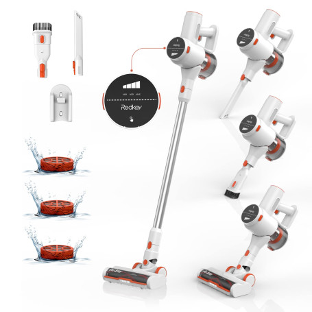 Redkey Aspirateur Balai sans Fil ou Sac Silencieux Puissant 25KPA/250W avec écran Tactile LED Batterie Amovible Rechargeable Sup