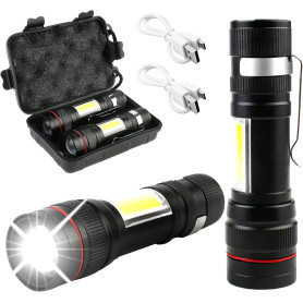 Lot de 2 lampes de poche LED 2000 lumens ultra lumineuses COB - Mini lampe de poche rechargeable par USB - Avec boîte en plastiq