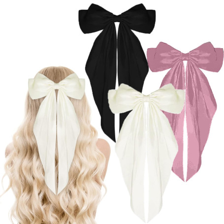 3 Pièces Grand Arc Barrettes Longue Queue Français Ruban Épingles À Cheveux Doux Soyeux Satin Pince À Cheveux