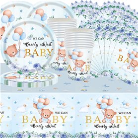 Lot de 61 pièces de vaisselle de fête à thème ours bleu - Décorations de fête d'anniversaire - Contient des gobelets en carton