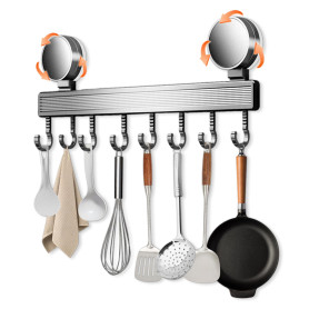 Zyluniy Patère de Cuisine Sans Perçage avec Ventouse 8 Crochets 40 cm Porte Ustensiles Inox Crochet Mural Mobile