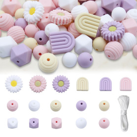 Druuzyl Lot de 76 Perles Rondes en Silicone en Forme de Fleur Perles en Silicone en Forme de Marguerite en Vrac en Fleur Avec Co