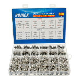 BOJACK 24 valeurs 360 pièces Kit d'assortiment de fusibles en verre à fusion rapide 250V 5x20mm 6x30mm 0