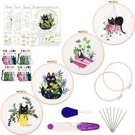 MINGHAM Lot de 4 kits de broderie motif chat avec motifs et instructions pour débutants kits de point de croix pour adultes