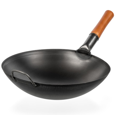 YOSUKATA Woks Et Poêles à Frire 36 cm - Wok à Fond Rond Pré-assaisonné - Wok Acier Carbone Noir - Compatible Avec Les Cuisinière