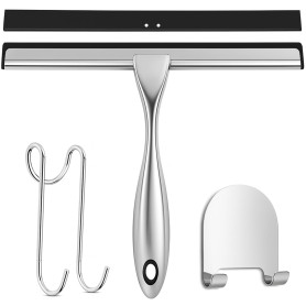 SURFOU Raclette de Douche 25cm - avec Deux Crochets，Raclette Vitre en Acier Inoxydable，sans Traces d'eau，Autocollante