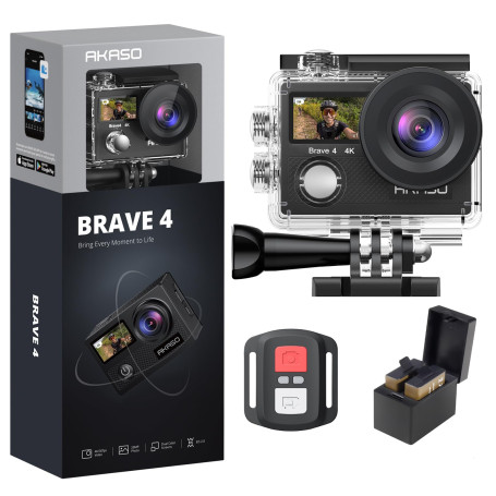 AKASO Sport 4K 60fps 20MP WiFi Télécommande Commande Vocale Ecran Tactile EIS Caméra Sportive Etanche sous Marine Angle Vision R