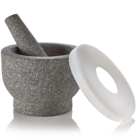 Mortier et pilon en granit - Pilon en pierre antidérapant et bol profond avec couvercle en silicone - Broyeur pour pilules