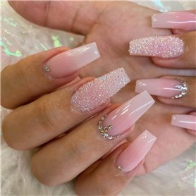 Danshinbow Lot de 24 faux ongles longs en forme de cercueil ballerine avec strass dégradés nude à paillettes pour femmes et fill