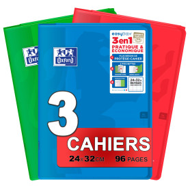 Oxford EasyBook Lot de 3 Cahiers Agrafés Grands Formats 24 x 32cm 96 Pages Grands Carreaux Seyès 90gr Couleurs Assorties