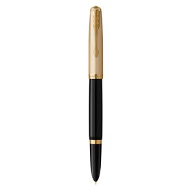 Parker 51 Deluxe stylo plume | Corps noir et attributs dorés | Plume fine en or 18 carats | Cartouche d'encre noire | Livré dans