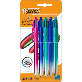 BIC 4 Couleurs Smooth Stylos-Billes Rétractables à Pointe Moyenne (1 mm) - Stylo 4 Couleurs avec encre effet gel fluide - Couleu