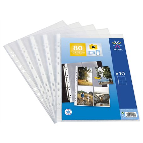 Viquel - Lot de 10 Pochettes transparentes perforées pour photos 10x15 ou cartes postales - Protection durable en polypropylène