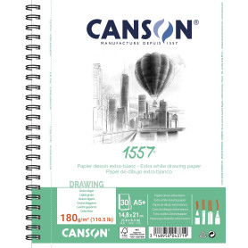 CANSON 1557® - Album spiralé 30 feuilles de papier dessin - Grain léger - A5+ 180g/m² - Extra blanc