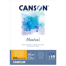Canson Montval Lot de 50 feuilles de papier aquarelle grain fin 300 g/m² Blanc Format A4 21 x 29