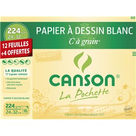 Canson Pochette Papier à dessin C à grain 12 feuilles + 4 offertes 224g 24 x 32 cm Blanc