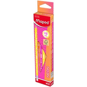 Maped - 12 Crayons Graphite HB2 NEON - Crayons à Papier FSC HB Embout Gomme - Forme Triangulaire Ergonomique - Mine Résistante
