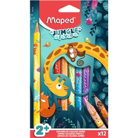 Maped - 12 Crayons de couleurs Maxi Jungle Fever - Crayons pour bébés et enfants - Crayon de coloriage dès 1 an - Crayons Premie