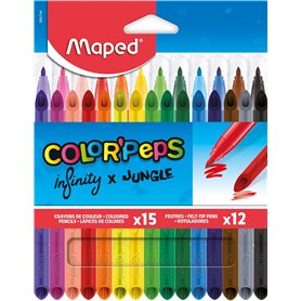 Maped - Combo Pack Color'Peps - 15 Crayons de couleur Infinity + 12 Feutres Lavables et Résistants au séchage - Pointe moyenne b