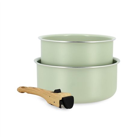 MENASTYL - Lot de 2 casseroles amovibles revêtement antiadhésif céramique sans PFAS/PTFE - 2 casseroles 16/18cm et 1 poignée - T