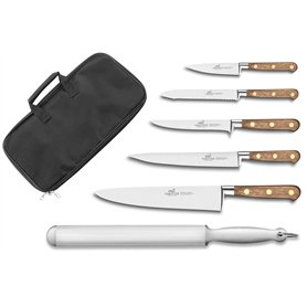 Sabatier - Mallette Cuisinier Chef Apprenti Périgord 5 Couteaux de Cuisine Manches Noyer + 1 Fusil à Aiguiser - Fabriqué en Fran