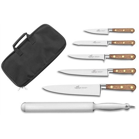 Sabatier - Mallette Cuisinier Chef Apprenti Périgord 5 Couteaux de Cuisine Manches Noyer + 1 Fusil à Aiguiser - Fabriqué en Fran