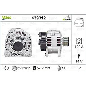 VALEO 439312 Alternateur Intensité de charge de l’alternateur: 120 Amp Rainures: 6 rainures Diamètre de poulie: 57