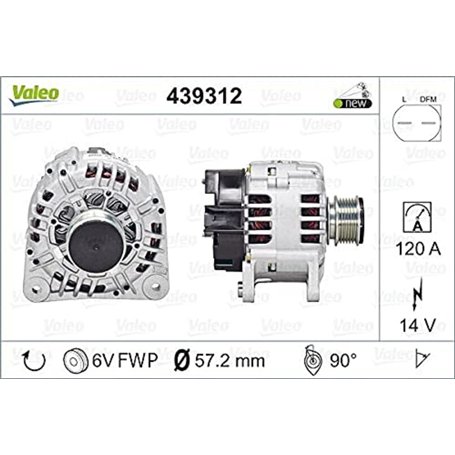 VALEO 439312 Alternateur Intensité de charge de l’alternateur: 120 Amp Rainures: 6 rainures Diamètre de poulie: 57