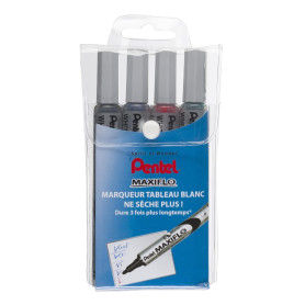 Pentel Maxiflo Pochette 4 Marqueurs tableau blanc Pointe conique moyenne Encre Noir