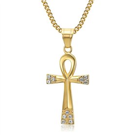 BOBIJOO Jewelry - Pendentif Croix de Vie Ankh Collier Femme 40x25mm Acier Inoxydable Or Doré Plaqué Diamants Chaîne