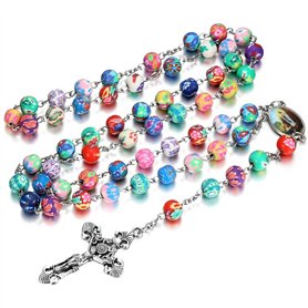 BOBIJOO JEWELRY - Chapelet Catholique Lourdes Perles Argile Nature Jesus Médaille Croix Fleur de Lys
