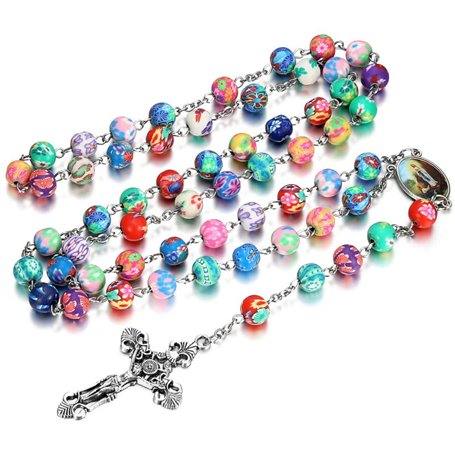 BOBIJOO JEWELRY - Chapelet Catholique Lourdes Perles Argile Nature Jesus Médaille Croix Fleur de Lys