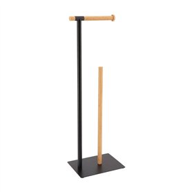 TENDANCE Dérouleur Papier Toilette WC avec réserve en Métal Noir et Bambou H 69.5 cm