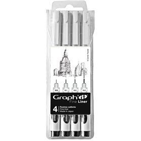 GRAPH'IT Fine Liner pochette de 4 feutres à pointes calibrées encre pigmentée à base d’eau résistante à la lumière et au gommage
