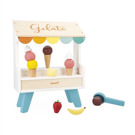 Janod - Stand de Glaces en Bois - 14 Accessoires Magnétiques - Jouet d'Imitation - Jouet en Bois FSC - Dès 3 Ans