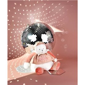 DOUDOU ET COMPAGNIE - Pantin d’Activités Ours Rose Doudou Peluche Anniversaire 25 Ans avec Anneau et Textures à Explorer – Idée